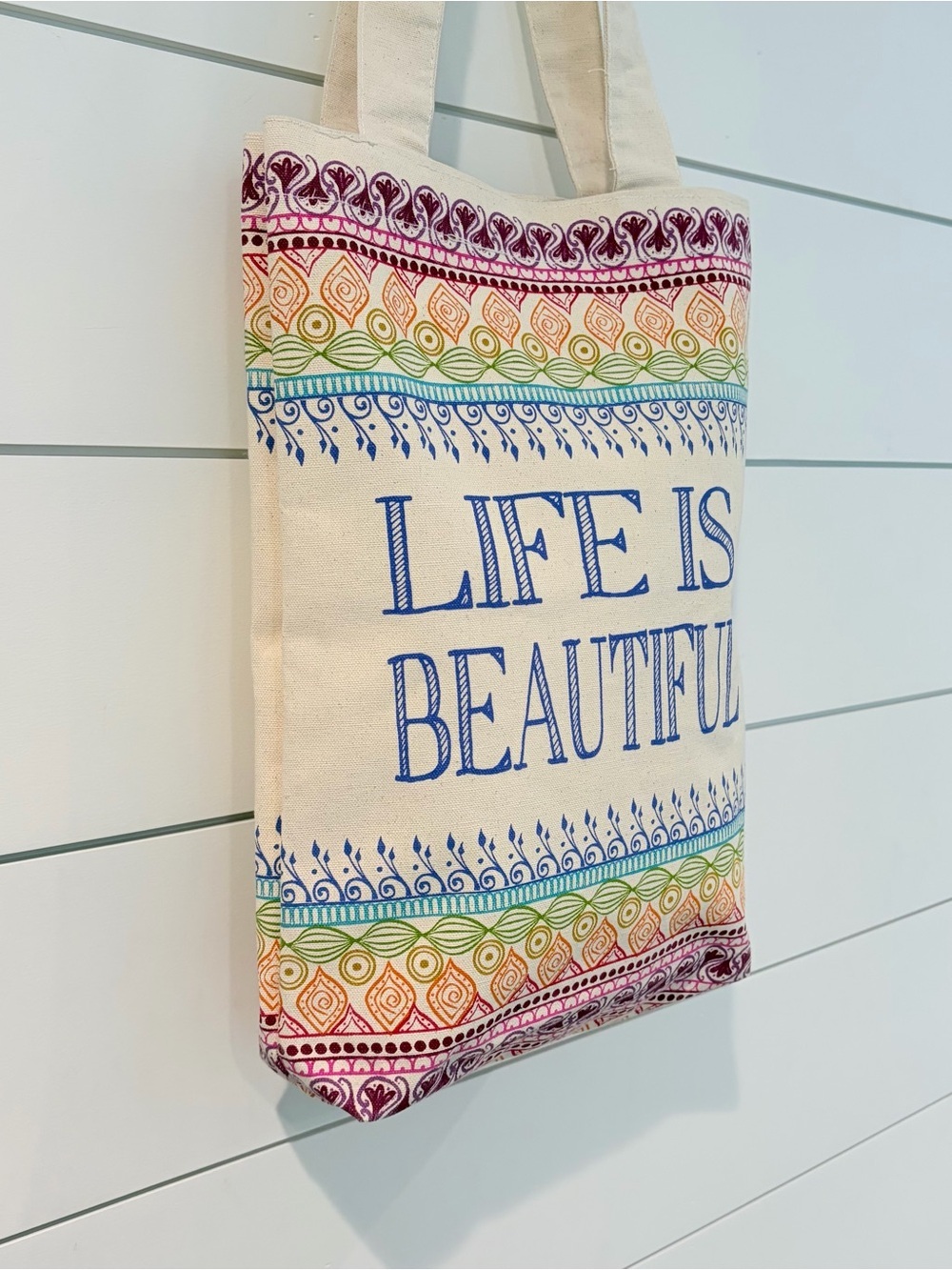 Boho Cottagecore Canvas Tote Bag Life Is Beautiful Rainbow Festival Travel - Picture 3 of 9